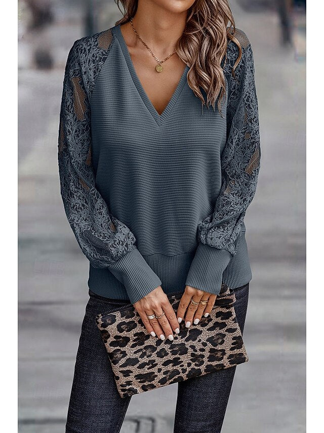 Women's Top Lace Knit Ribbed Embroidered Tops Splicing