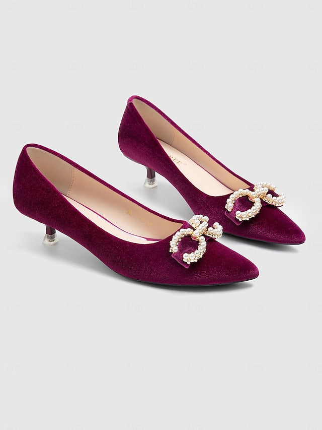 Bow Kitten - with Women's Burgundy Pearl Velvet Heel Pumps
