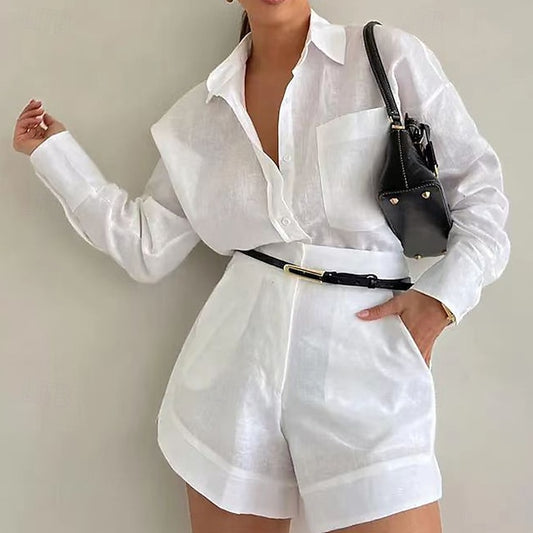 Women's Cotton Linen Sets Shorts Sets Bolero Top Long