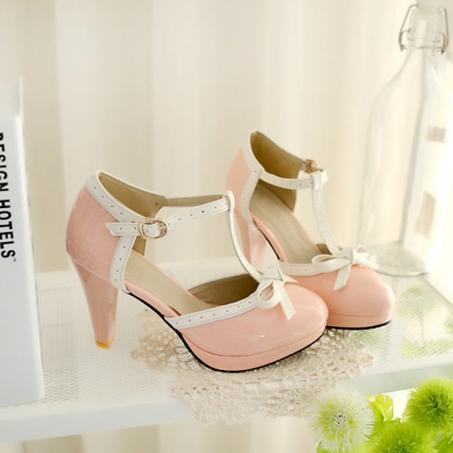 White High Leather Women's Patent Black with Heels T-Strap