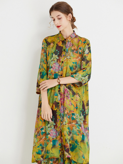 Plus Size Women Artsy Ornate Floral Button Loose Long Suits LL026