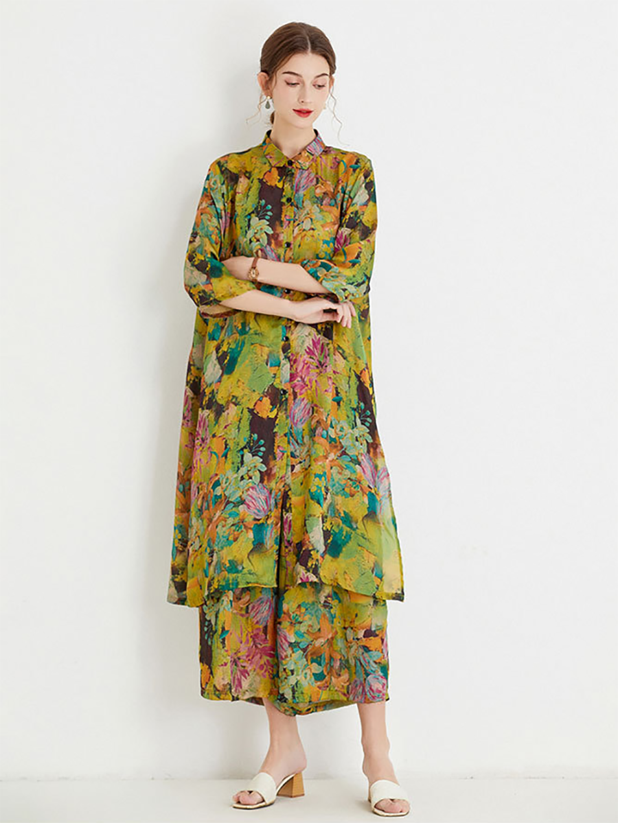 Plus Size Women Artsy Ornate Floral Button Loose Long Suits LL026