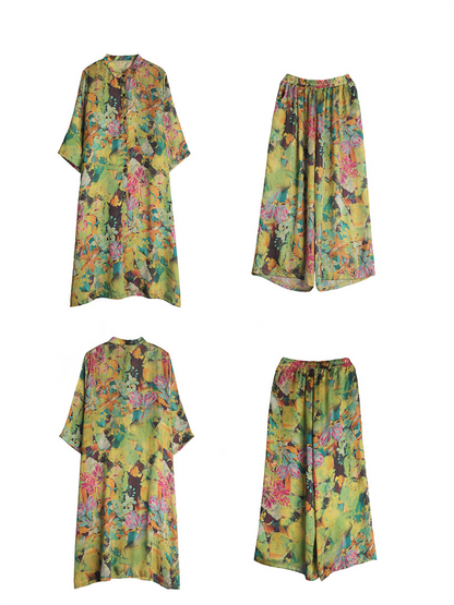 Plus Size Women Artsy Ornate Floral Button Loose Long Suits LL026