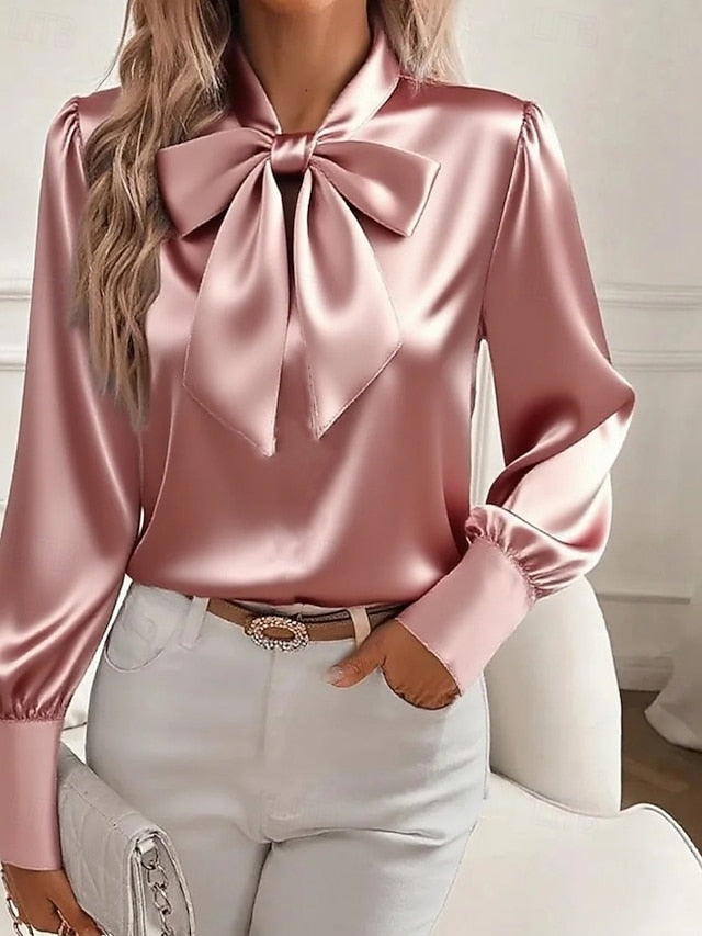 Women's Shirt Elegant Dressy Satin Top Bow Plain Elegant