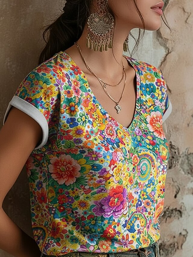 Women's T Shirt Print Floral Graphic Color Block Bohemia
