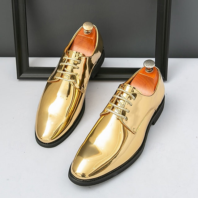 Gold – for Lace-Up Sleek Shoes Leather Men Patent Shiny