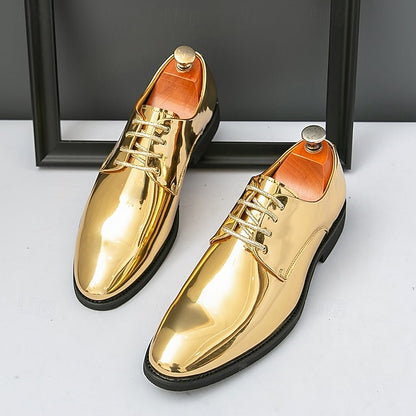 Gold – for Lace-Up Sleek Shoes Leather Men Patent Shiny