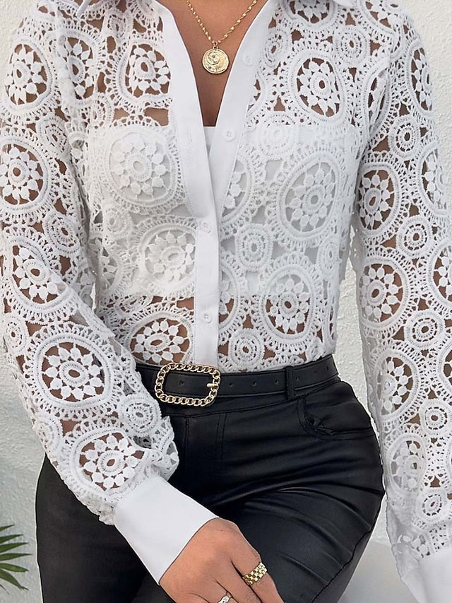 Women's Lace Splicing Top Elegant Long Sleeve V Neck