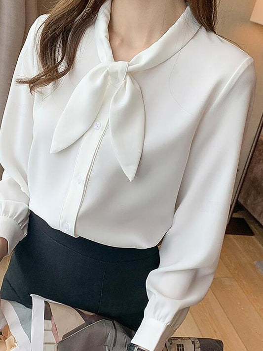 Women's Shirt Elegant Satin Top Blouse Bow Plain Stylish