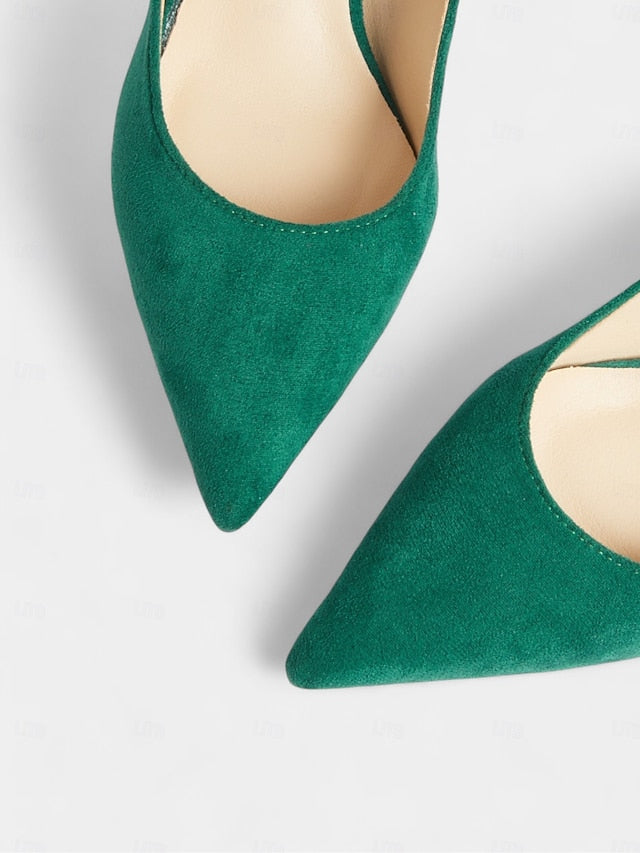 Suede Women's Emerald Pointed-Toe Kitten Pumps with Green