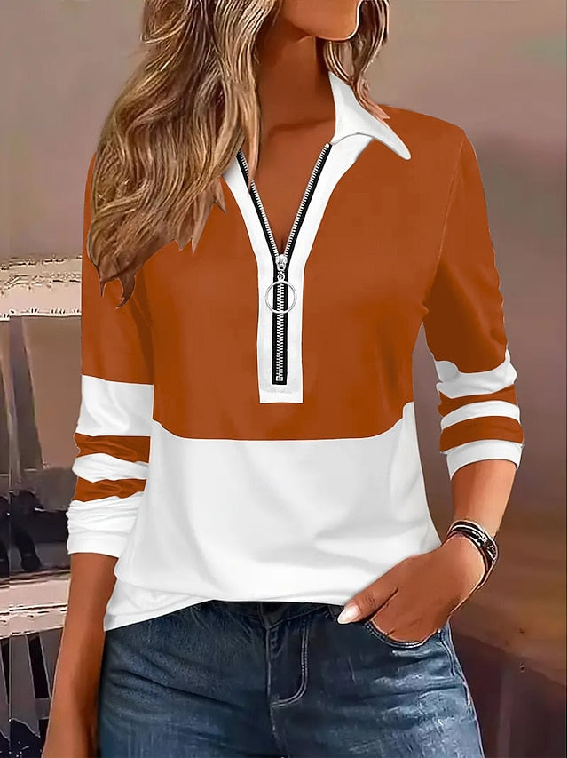 Women's Blouse Patchwork Zipper Geometric Stylish Casual