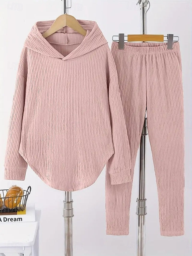 Women's Hoodie Pants Sets Long Sleeve Hooded Solid Color