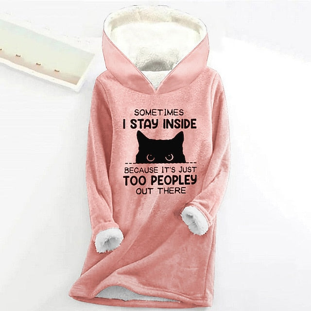 Women's Hoodie Sweatshirt Pullover Sherpa Cat Letter Casual