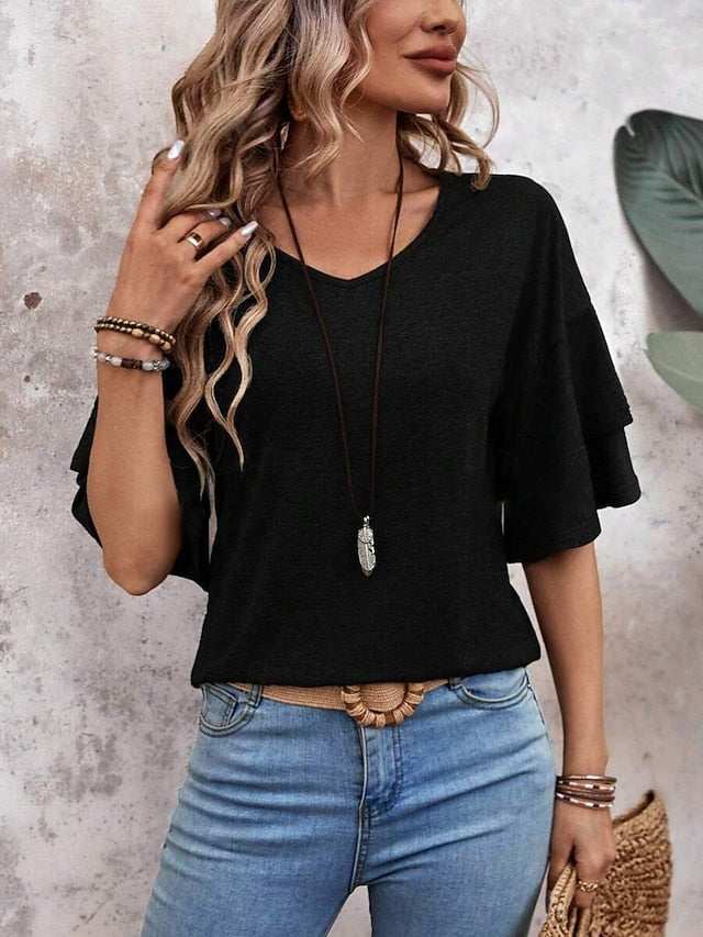Women's T Shirt Tee Top Ruffle Plain Fashion Stylish