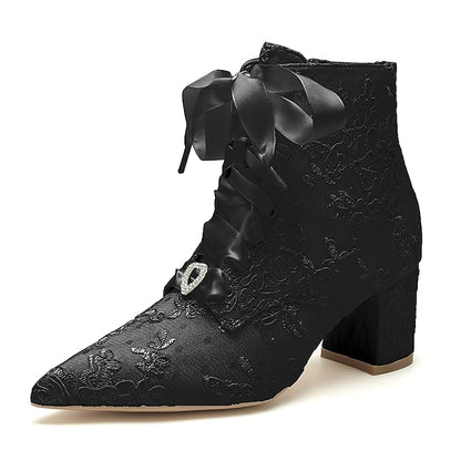Women's White Floral Lace-Up Embroidered Booties Bridal –
