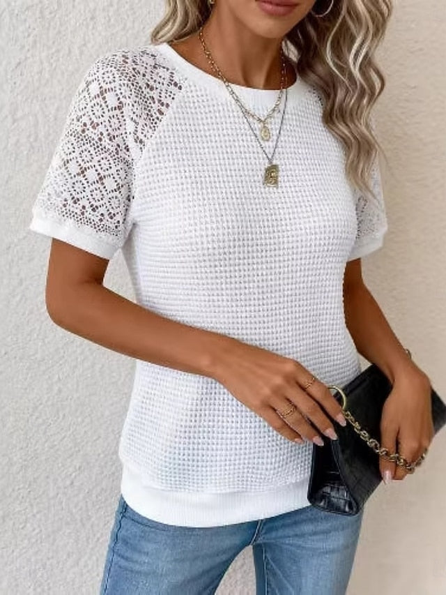 Women's T Shirt Lace T-shirt Tee Top Lace Patchwork Plain