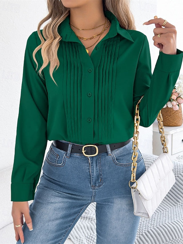 Women's Blouse Dressy Tops Ruched Patchwork Buttons Plain