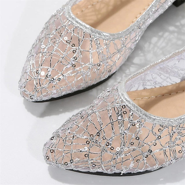 Women's Silver Flats Ballet – Elegant Mesh Sequin