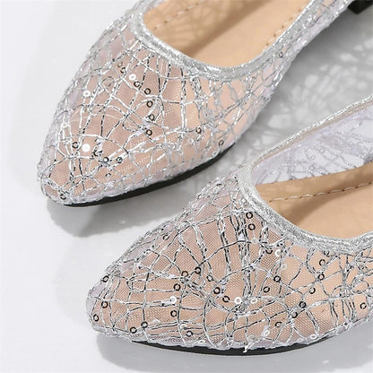 Women's Silver Flats Ballet – Elegant Mesh Sequin
