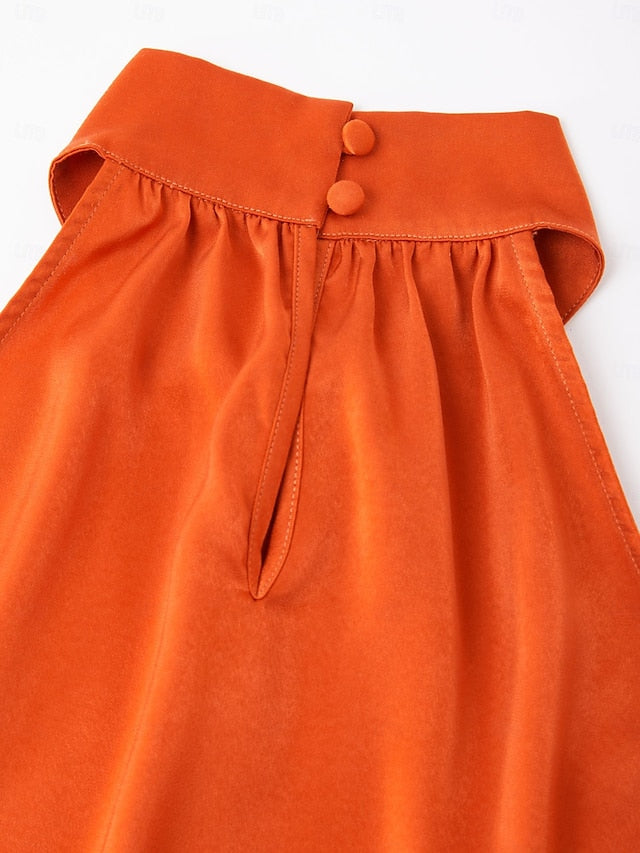 Orange Stand Collar Wide Leg Pants Set