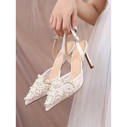 White Slingback Heel Kitten Pointed-Toe Pearl-Embellished with