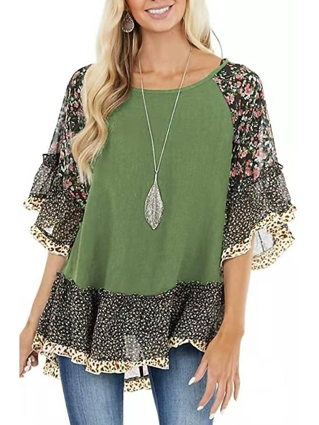 Women's Shirt Boho Shirt Tunic Blouse Ruffle Print Flowing