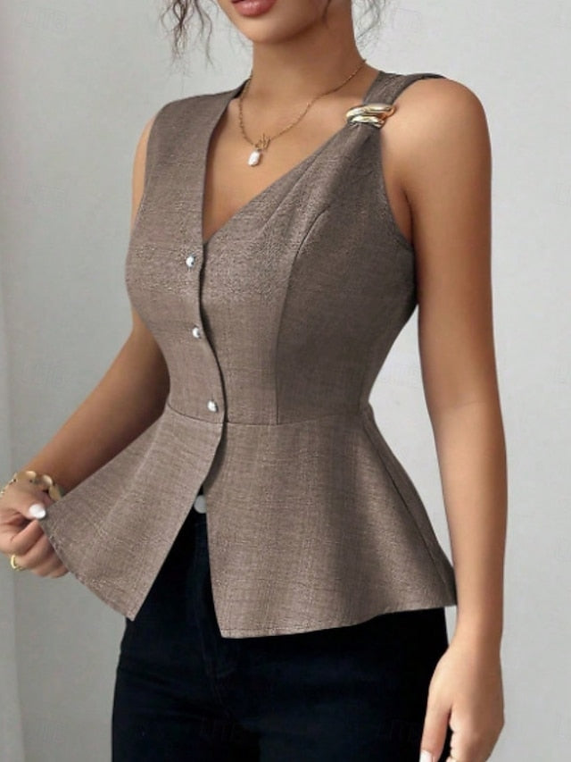 Women's Shirt Blouse Sleeveless Shirt Buttons Plain Stylish