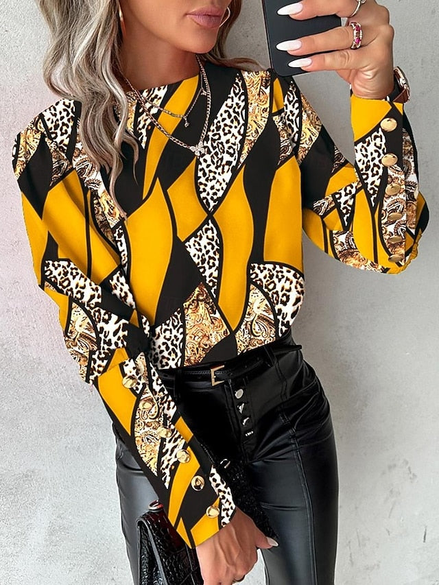 Women's Blouse Elegant Color Block Buttons Print Raglan