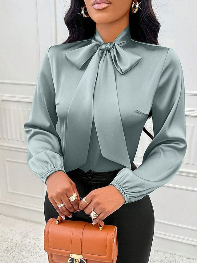 Women's Shirt Elegant Dressy Satin Top Bow Solid Color