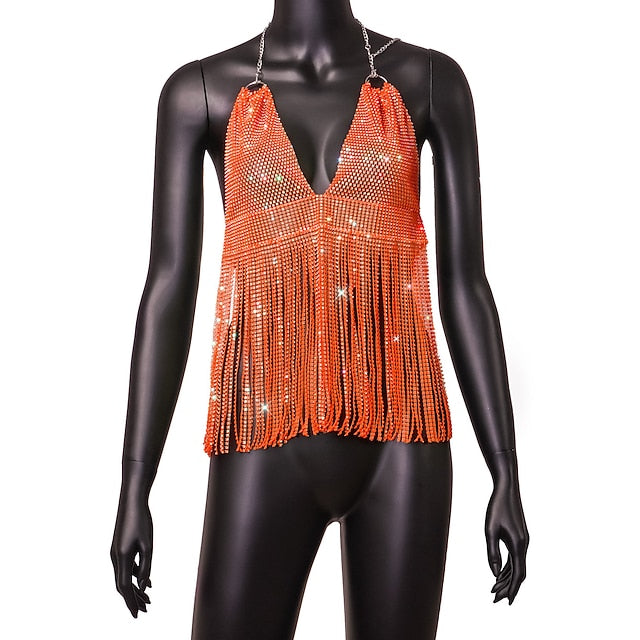 Metallic Backless Sparkle Camisole Body Chain Crop Tank Top