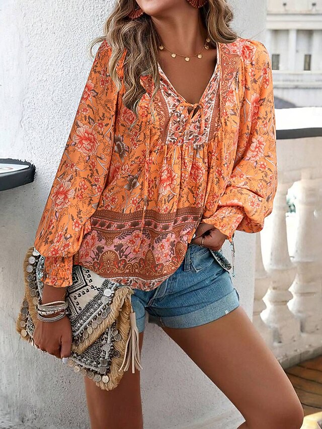 Women's Shirt Blouse Patchwork Print Floral Graphic Bohemia