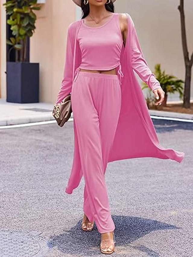Women's Pants Sets Long Sleeve Round Neck Solid Color