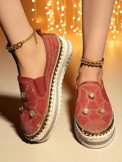 Slip-On Rhinestone Sneakers Platform Red Studs Women's with