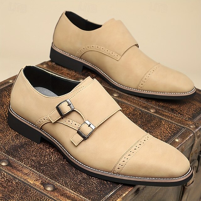 Men's Shoes Strap Double Leather Faux Monk Beige with