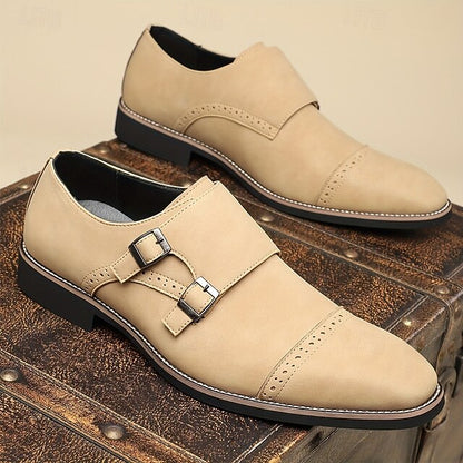 Men's Shoes Strap Double Leather Faux Monk Beige with