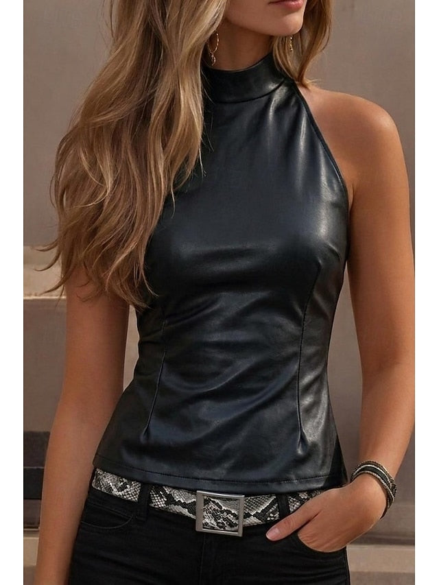 Women's Slim fit top Faux Leather Tank Tunic Back Zipper
