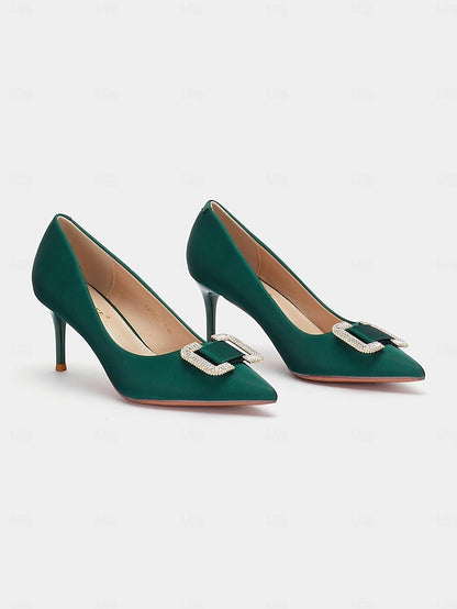 Satin Elegant for Rhinestone with Buckle Women: Green Pumps