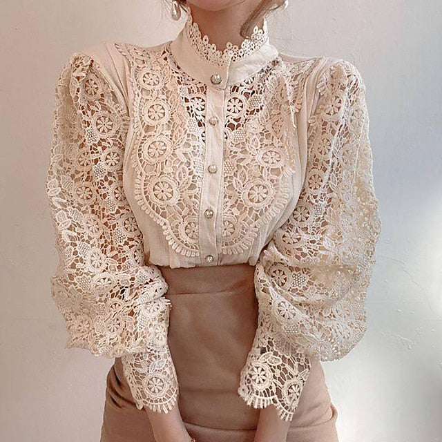 Women's Lace Shirt Blouse Eyelet top White Lace Shirt