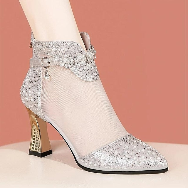 Mesh Ankle Golden Heels Women's – with Rhinestone Boots