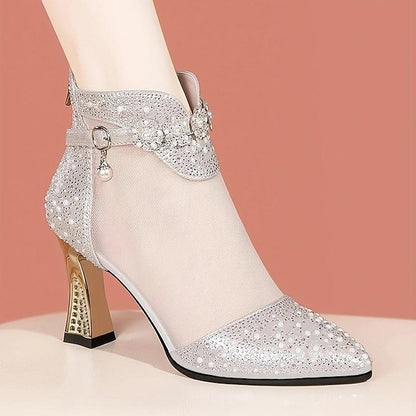 Mesh Ankle Golden Heels Women's – with Rhinestone Boots