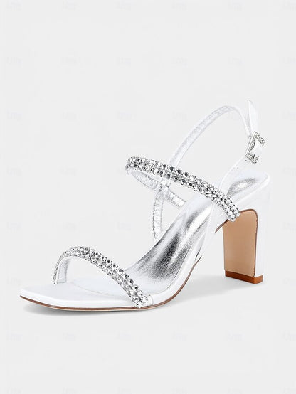 – Bridal Women's Heel Rhinestone Prom Sandals Block White