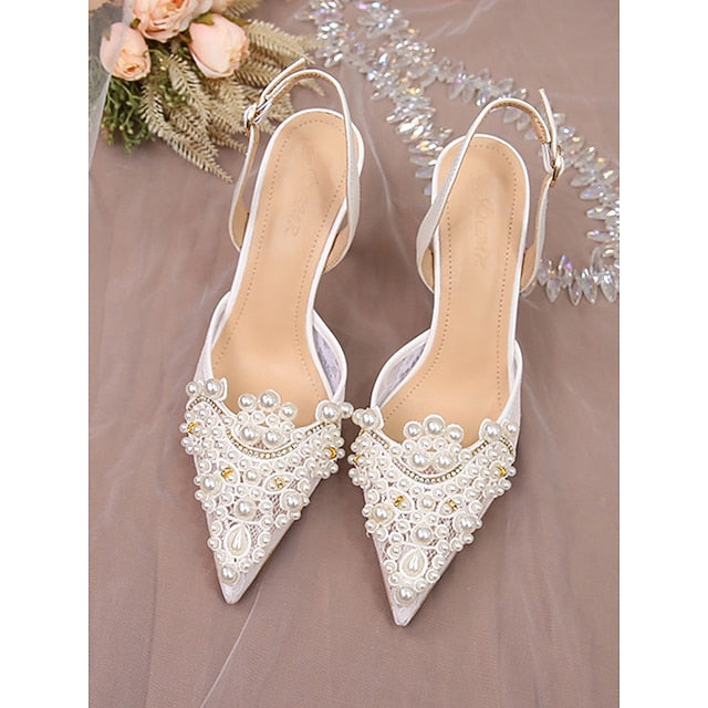 Slingback Pearl-Embellished Pointed-Toe White Kitten with Heel