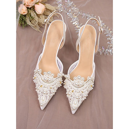 Slingback Pearl-Embellished Pointed-Toe White Kitten with Heel