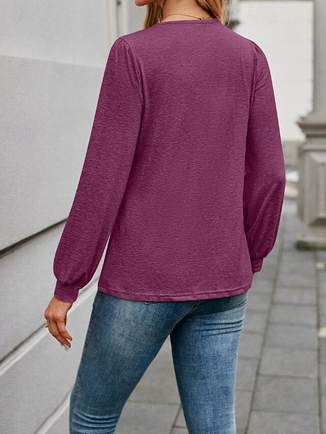 Women's T Shirt Plain Classic Casual Long Sleeve V Neck