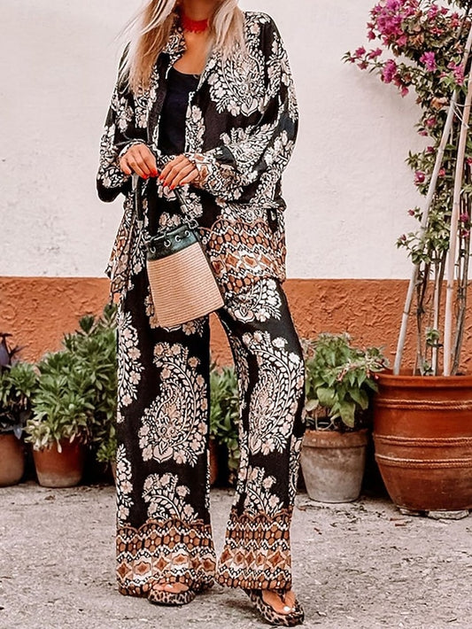 Women's Shirt Blouse Wide Leg Pants Long Sleeve Shirt