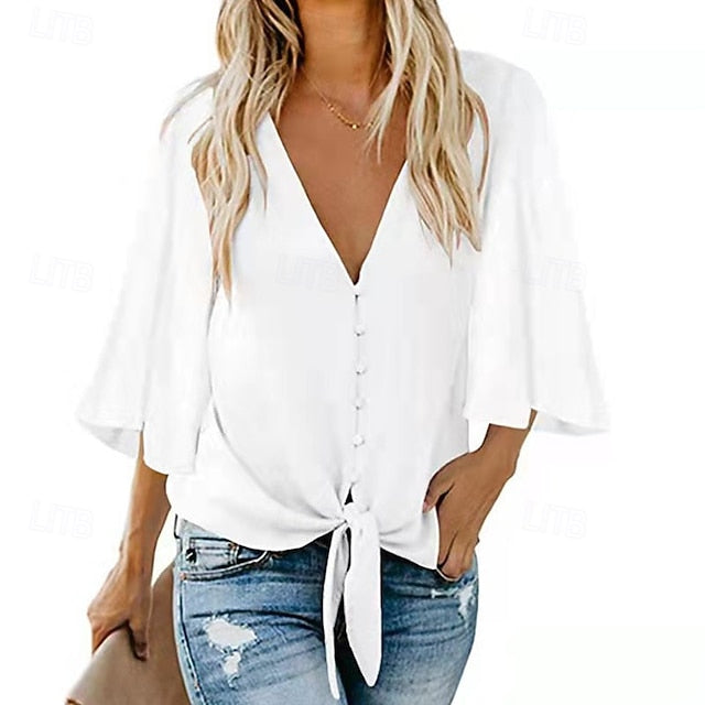 Women's Blouse Chiffon Tops Patchwork Plain Elegant Stylish