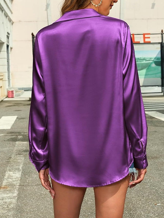 Women's Shirt Elegant Satin Top Blouse Buttons Plain