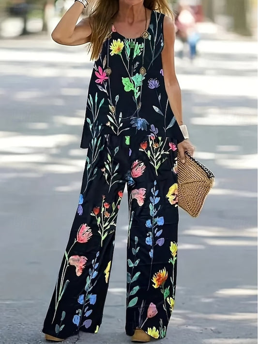 Women's Pants Sets Sleeveless Round Neck U Neck Floral