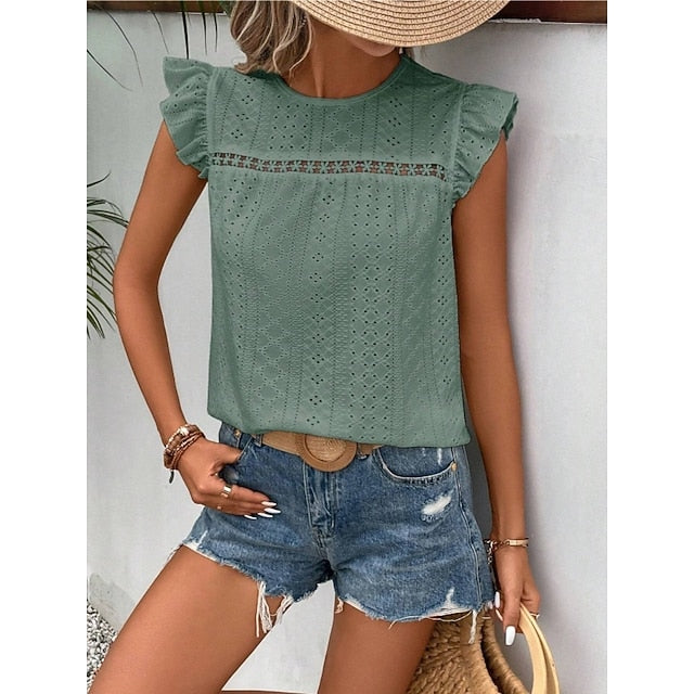Women's T Shirt Tee Top Ruffle Eyelet Plain Fashion Stylish