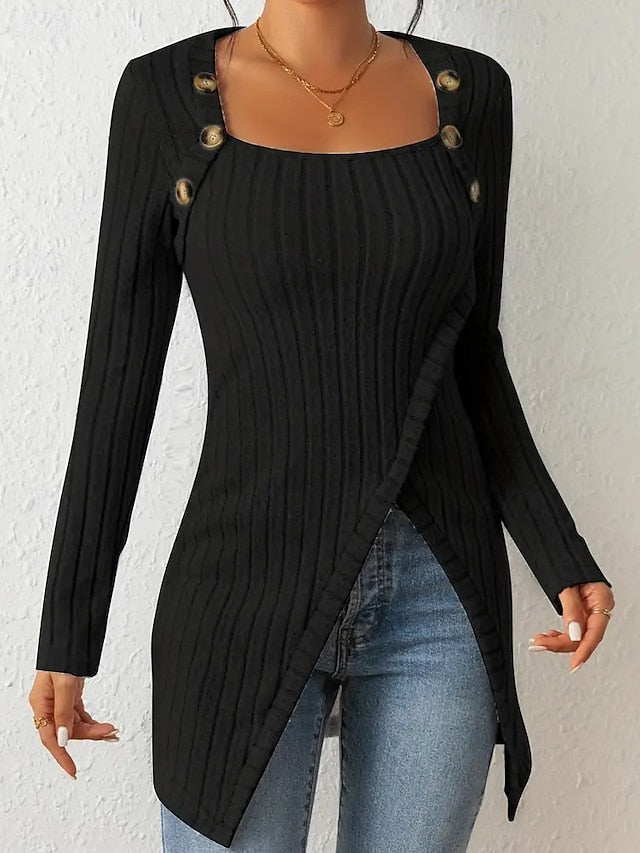 Women's T Shirt Tee Top Buttons Asymmetrical Solid Color